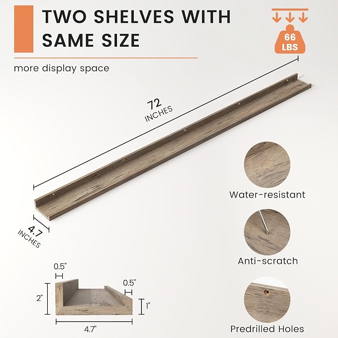 FLYJOE Picture Ledge Shelf, Floating Shelves Set of 2, 72 Inches Long Large Nursery Book Shelves for Toys Storage, Kids Bookshelf Wall Mounted for Living Room Bedroom Decor Books Photo Frames,Grey