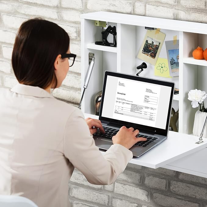 COSTWAY Wall-Mounted Computer Desk, Floating Desk with Storage Drawer & Shelves, Fold-up Desktop & Pneumatic Springs, Ideal for Home, Office, Dormitory, Small Spaces (White)
