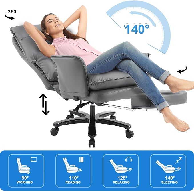 Big and Tall Office Chair 500LBS, Ergonomic Gaming Chair Reclining Office Chair with Foot Rest for Adult,Pu Leather Computer Desk Chair with Adjustable Armrests for Home Living Room,Grey