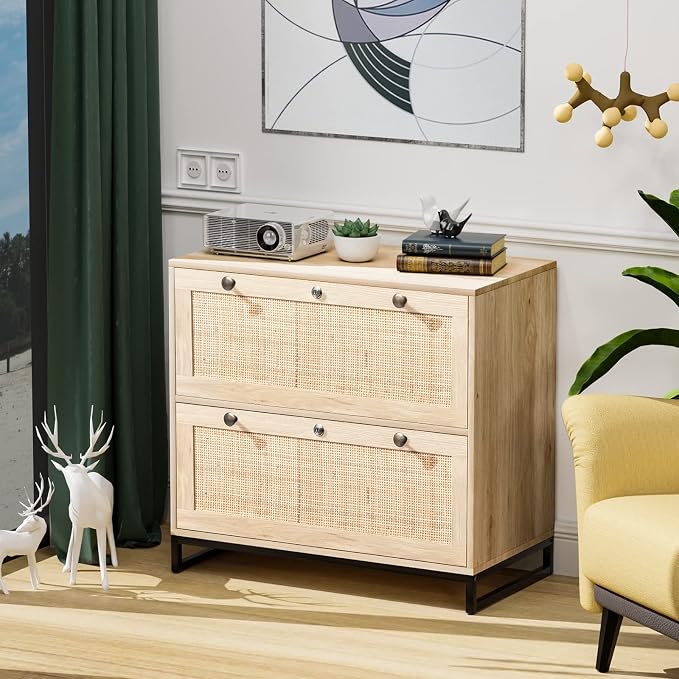 VINGLI Wood Rattan 2 Drawer Lateral File Cabinet with Lock for Home Office, Lockable Filing Cabinet with Rustic Metal Handles for Hanging Letter/A4/Legal Size Labeled Folders, Oak, 30W x 16D x 28H