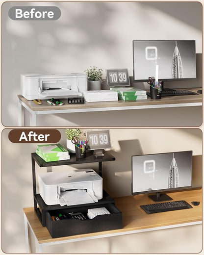 IBUYKE 2 Tier Desktop Printer Stand,Multi-Purpose Desk Organizer,Printer Table with Storage Shelf for Folders,Books,for Fax Machine, Scanner,Home Office,Black TLJ015B