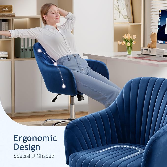 Warmiehomy Office Chair, Velvet Desk Chair for Women, Comfy Vanity Chair with Wheels, Home Computer Chair with Arm Rest for Bedroom, Royal Blue