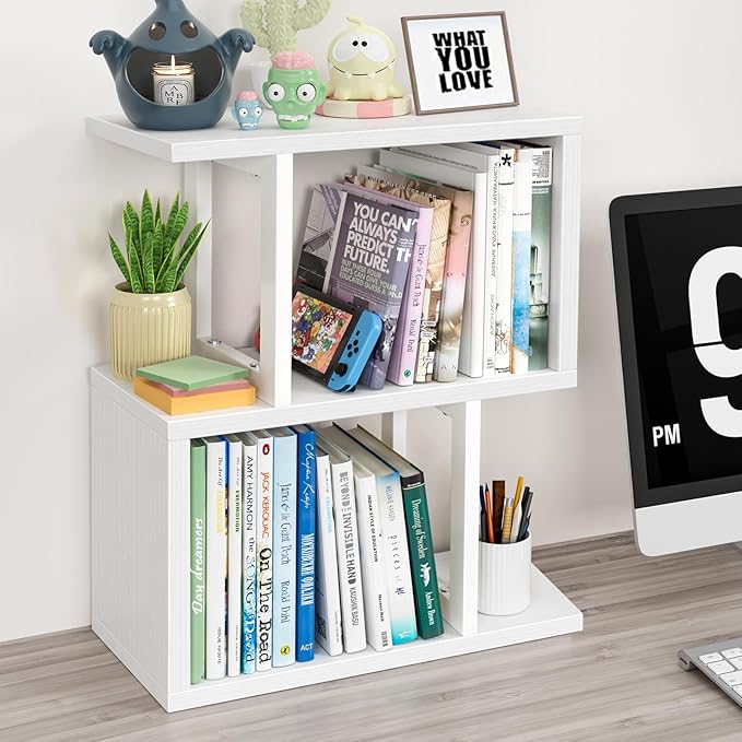 Small Desktop Bookshelf for Top of Desk Shelf - Mini White Table Bookcase 3-Tier Shelves Storage Book Organizer Hutch for Dorm Office College