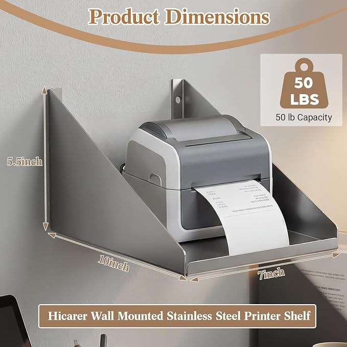 Hicarer Wall Mounted Pos Printer Shelf 7" x 10" x 5.5" Stainless Steel Receipt Ticket Printer Stand for Restaurant Cafe Retail Pos System, with Wire Take-up Hole