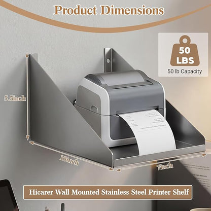 Hicarer Wall Mounted Pos Printer Shelf 7" x 10" x 5.5" Stainless Steel Receipt Ticket Printer Stand for Restaurant Cafe Retail Pos System, with Wire Take-up Hole