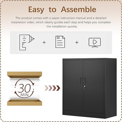 Metal Storage Cabinet, 36" H x 32" W x 16" D Locking Storage Cabinet, Metal Storage Cabinet with Locking Doors for Home, School, Office, Garage, Black