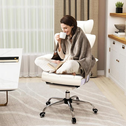 Giantex Office Desk Chair, Big and Tall Executive Office Chair with Foot Rest and Lumbar Support, High Back Leather Swivel Computer Task Chair, Large Ergonomic Reclining Home Office Chair, White