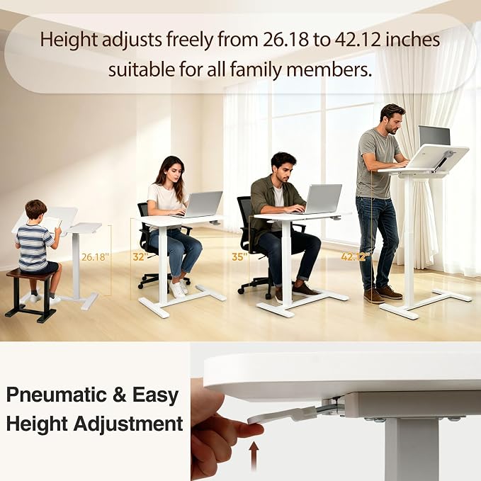 Adjustable Overbed Table with Tilt Board & Wheels, Rolling Bedside Laptop Desk for Hospital Bed Home Office, Height Adjustable Bed Table Tray for Eating Working Reading, 26.18"-42.12" (White)