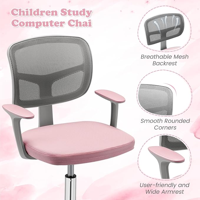 Giantex Kids Desk Chair, Ergonomic Adjustable Teen Task Chair w/Y-Shaped Lumbar Support, Armrest & Universal Wheels, Mesh Kid Office Chair for Sturdy, Kids Computer Chair for Boys & Girls 4-12, Pink