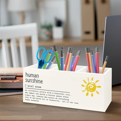 Inspirational Human Sunshine Wooden Pen Pencil Holder for Office Desk Accessories, Motivational Gifts for Women, Encouragement Gifts Makeup Brush Toothbrush Holder Organizer