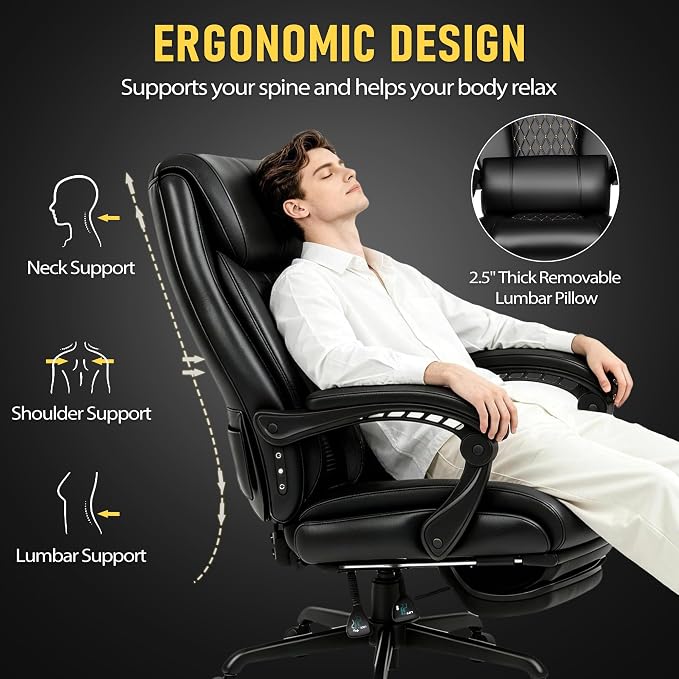 3D Kneading Massage Office Chair with Heat, 500 lbs Big and Tall Executive Computer Desk Recliner, Leather Electric Heated Chair with Footrest, Black