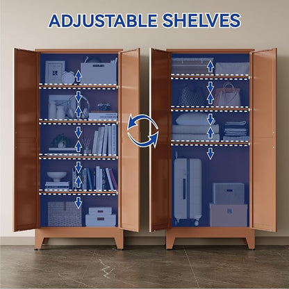 COFaR Metal Pantry Cabinet with Doors, Farmhouse 71'' Tall Storage Cabinet with 4 Adjustable Shelves, Kitchen Pantry Cabinet for Dinning Room, Garage, Laundry, Bathroom, Brown 5-Tier