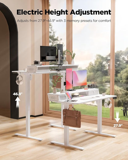 FiCiHi 55x24 Inch Standing Desk with Drawers, C-Clamp Mount Compatible, Electric Adjustable Height Computer Stand Up Desks, Home Office Sit Stand Table with 3 Preset Heights, White