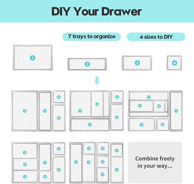 7 Pcs Clear Stackable Drawer Organizer Bins with 7 Connector Clips | 4 Sizes Interlocking Trays for Bathroom, Vanity, Makeup, Office Desk & Kitchen; Clear PET, Non-Slip, Stackable