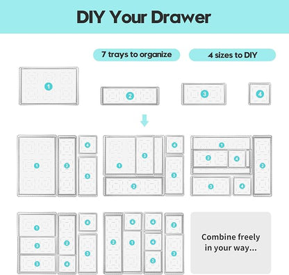 7 Pcs Clear Stackable Drawer Organizer Bins with 7 Connector Clips | 4 Sizes Interlocking Trays for Bathroom, Vanity, Makeup, Office Desk & Kitchen; Clear PET, Non-Slip, Stackable