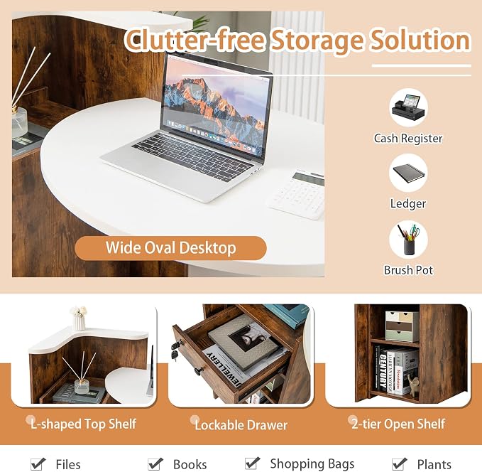 Tangkula Reception Desk, Front Counter Desk with Lockable Drawer & Adjustable Shelf, Oval Desktop, Retail Counter for Checkout, Computer Workstation for Salon Lobby Office, Home Office Desk