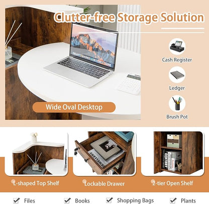 Tangkula Reception Desk, Front Counter Desk with Lockable Drawer & Adjustable Shelf, Oval Desktop, Retail Counter for Checkout, Computer Workstation for Salon Lobby Office, Home Office Desk