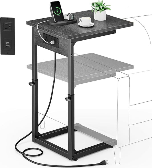 Vagusicc C Shaped End Table with Charging Station, 33" Tall Side Table for Couch, Adjustable Height C Table End Table, Couch Table Slide Under Sofa Table TV Tray Table for Living Room, Gray Walnut