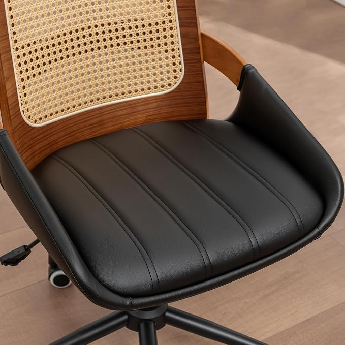 Home Office Desk Chair with Ergonomic Rattan Backrest, Walnut Crafts, Curved Arms, Faux Leather, Caster Wheels, Height Adjustable, Computer Chair for Desk Work, Executive Task, Conference Room - Black