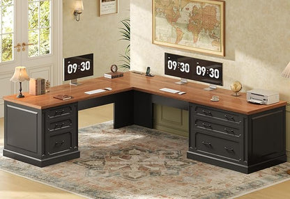 SEDETA Farmhouse 78.8" L Shaped Desk with 6 Drawers, Home Office Desk with Power Outlet, File Cabinet Storage, Wood Corner Computer Desk for Work and Study, Black+Brown