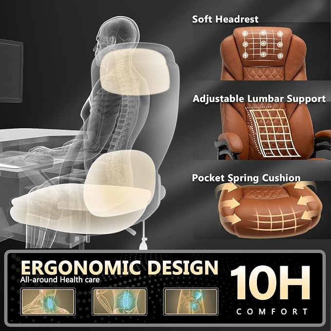 600lbs Big and Tall Office Chair with Pocket Spring Cushion, Heavy Duty Office Chair for Low Back Pain Relief, Large Executive Office Chair (Classic, Brown)