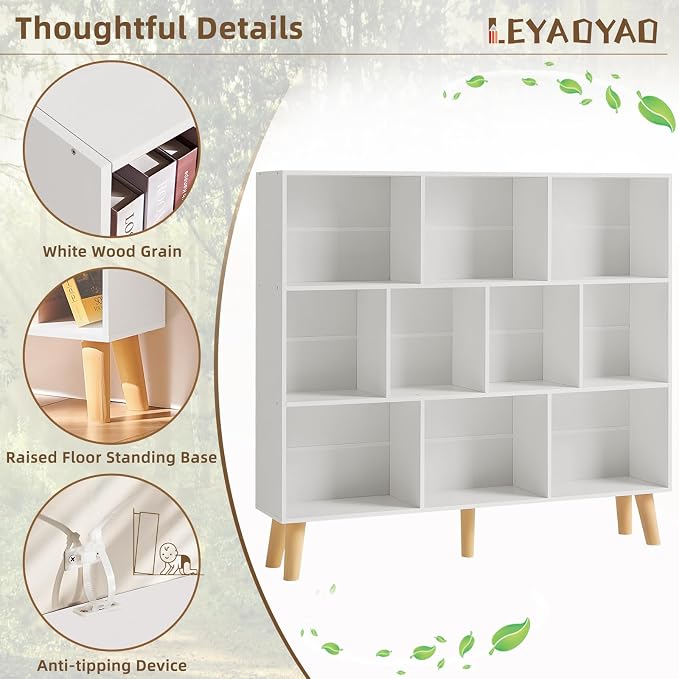 LEYAOYAO 10 Cube Bookshelf,3 Tier Modern Wide Bookcase with Legs,Mid-Century Wood Bookshelves Storage,White Large Book Case,Freestanding Organizer Display Shelf for Bedroom,Living Room,Office