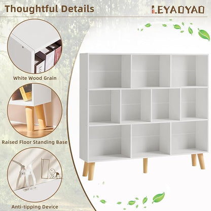 LEYAOYAO 10 Cube Bookshelf,3 Tier Modern Wide Bookcase with Legs,Mid-Century Wood Bookshelves Storage,White Large Book Case,Freestanding Organizer Display Shelf for Bedroom,Living Room,Office