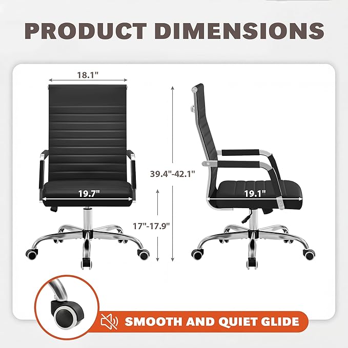 Furmax Ergonomic Office Desk Chair, Executive Ribbed Mid-Back PU Leather Conference Room Chair Adjustable Swivel Chair with Arms (2 pcs, Black)