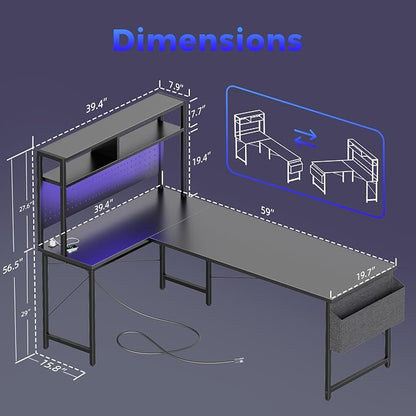 Mericonia 59 inch Large L Shaped Desk with Pegboard Hutch & Shelves, Corner Gaming Desk with Power Outlet, LED Light & Storage Bag, Reversible Computer Desk for Home, Bedroom, Office Workspace, Black