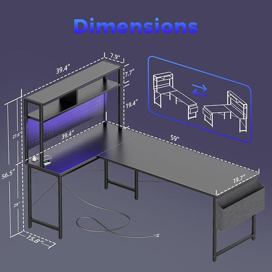 Mericonia 59 inch Large L Shaped Desk with Pegboard Hutch & Shelves, Corner Gaming Desk with Power Outlet, LED Light & Storage Bag, Reversible Computer Desk for Home, Bedroom, Office Workspace, Black
