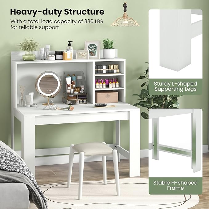 GOFLAME Computer Desk with Hutch, Home Office Desk with 2 Power Outlets, USB & Type-c Charging Ports, 3 Storage Shelves, Cable Hole, Writing Desk, Modern White Laptop PC Desk for Study, Office