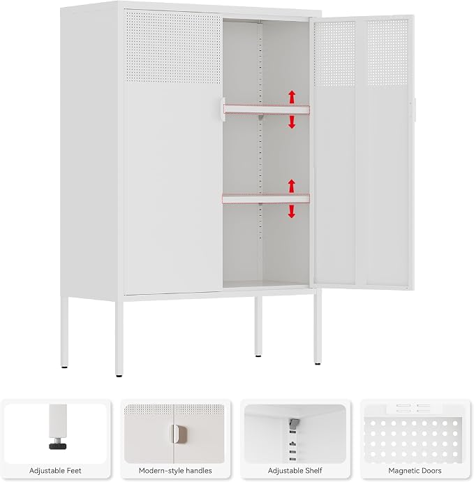 Metal Storage Cabinet,2 Door TV Stand, Metal Mesh Accent Cabinet,Magnetic Door Closure,Low Storage Cabinets with Doors and Shelf for Home,Office,Living Room