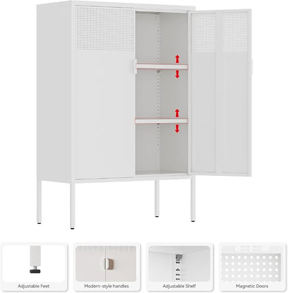 Metal Storage Cabinet,2 Door TV Stand, Metal Mesh Accent Cabinet,Magnetic Door Closure,Low Storage Cabinets with Doors and Shelf for Home,Office,Living Room