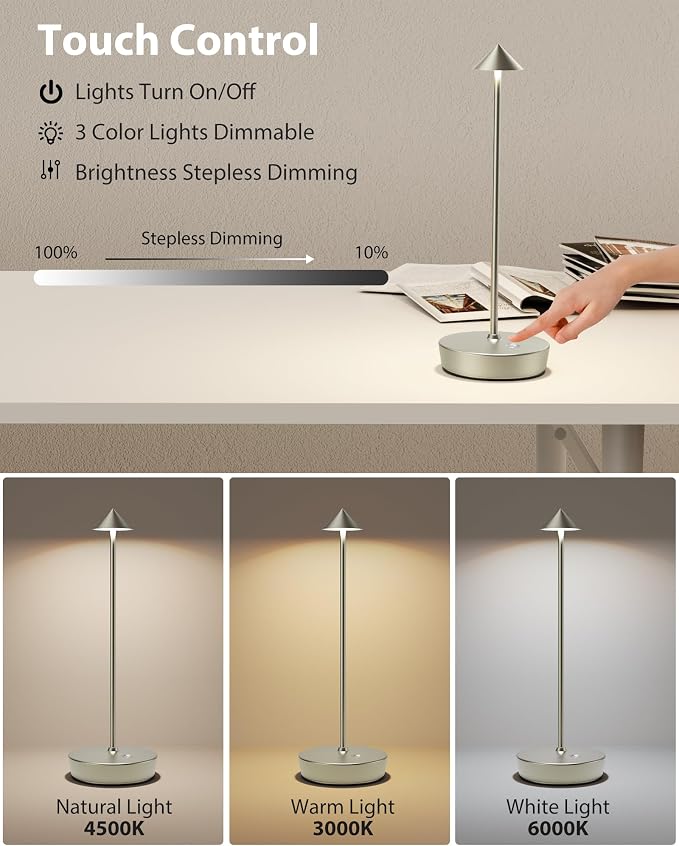 Cordless Table Lamps Rechargeable, 6000mAh Battery Operated LED Desk Lamp Outdoor Waterproof Portable Touch Dimmable Table Night Light for Patio Restaurant Dining Home Silver