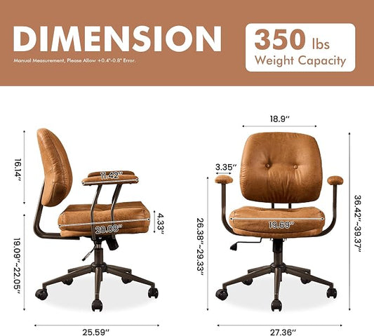 Leather Home Office Chair, Mid Back Ergonomic Desk Chair with Lumbar Support, Mid Century Modern Deep Seat Swivel Rocking Computer Chair, Brown