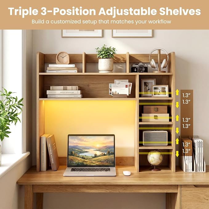 LDAILY Desktop Bookshelf with LED Lights, 35.5’’ Wooden Desk Shelf with 8 Cubes & 3 Adjustable Storage Shelves, 5-Tier Desk Hutch for Dorm College Office Computer Monitor Up to 25’’(Natural)