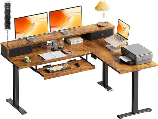 OffiGo 59 Inch L Shaped Electric Standing Desk with Drawers, Height Adjustable Corner Computer Desk with Keyboard Tray & Monitor Stand, Stand Up Table for Home Office Workstation, Rustic Brown