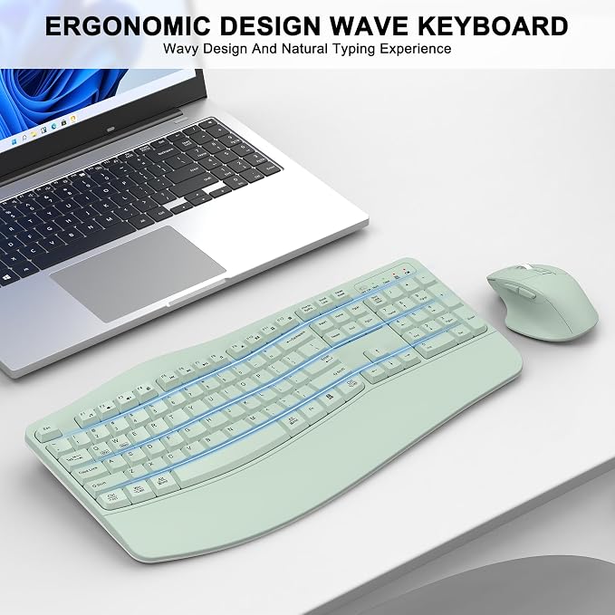 Wireless Keyboard and Mouse Combo, 2.4G Full Size Wave Keys Ergonomic Keyboard with Wrist Rest and 3-Level DPI Adjustable Wireless Ergonomic Mouse for Windows, Mac OS Desktop/Laptop/PC(Avocado Green)