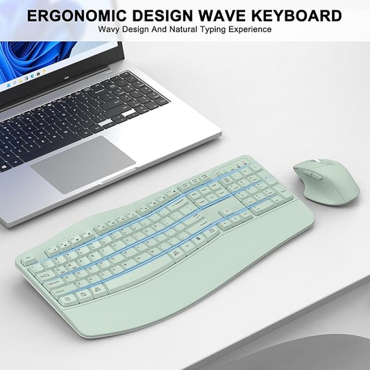 Wireless Keyboard and Mouse Combo, 2.4G Full Size Wave Keys Ergonomic Keyboard with Wrist Rest and 3-Level DPI Adjustable Wireless Ergonomic Mouse for Windows, Mac OS Desktop/Laptop/PC(Avocado Green)