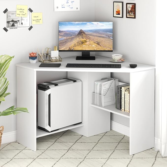 Giantex Corner Desk, Space-Saving Triangle Computer Desk with Storage Shelves & CPU Stand, Modern Makeup Vanity Table for Bedroom, Writing Desk for Small Spaces (White)