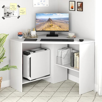 Giantex Corner Desk, Space-Saving Triangle Computer Desk with Storage Shelves & CPU Stand, Modern Makeup Vanity Table for Bedroom, Writing Desk for Small Spaces (White)