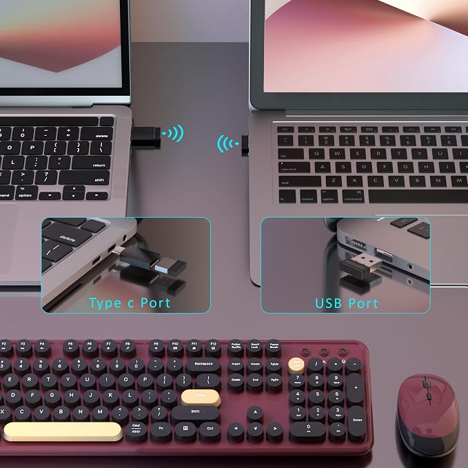 Colorful Wireless Keyboard and Mouse Combo, Retro Typewriter Style Round Keys, 2.4GHz Ergonomic Aesthetic Computer Keyboard with Wrist Rest for Mac, Windows, Laptop, PC(Claret-Red)