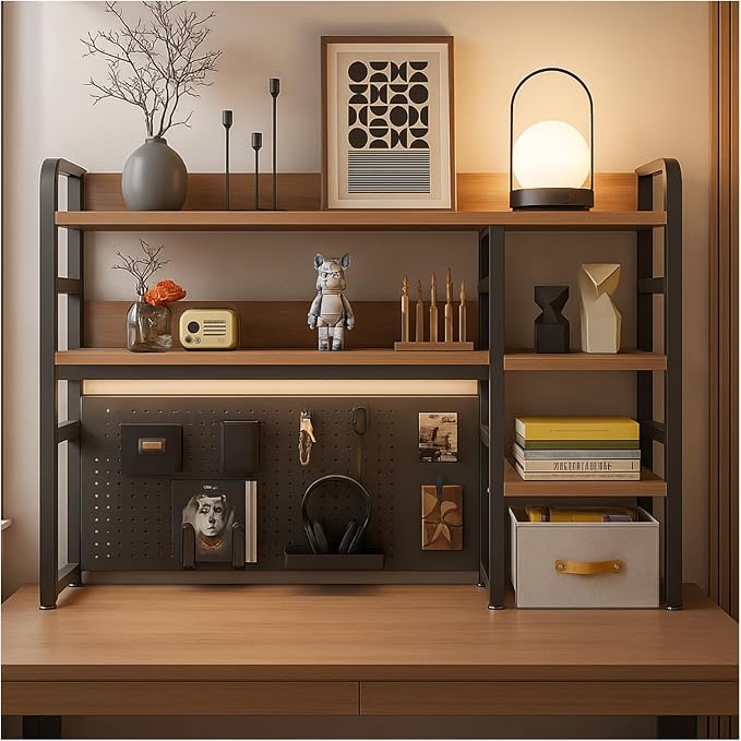 Desktop Bookshelf, pegboard Storage and Organization Rack, Dorm Desk Shelf, Desk Hutch, Desktop Storage for Office, Study, Student Display Rack,Desktop Shelves (Black+Walnut 45.3" Lx9.9 Wx37 H)