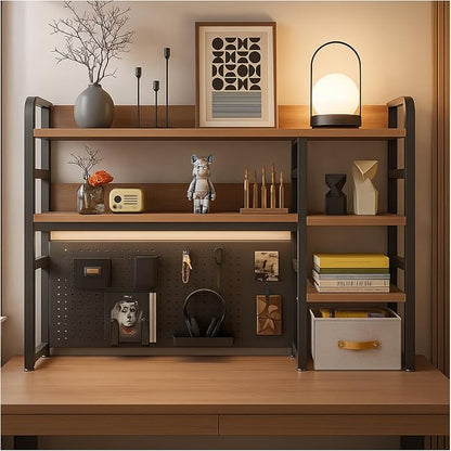 Desktop Bookshelf, pegboard Storage and Organization Rack, Dorm Desk Shelf, Desk Hutch, Desktop Storage for Office, Study, Student Display Rack,Desktop Shelves (Black+Walnut 45.3" Lx9.9 Wx37 H)
