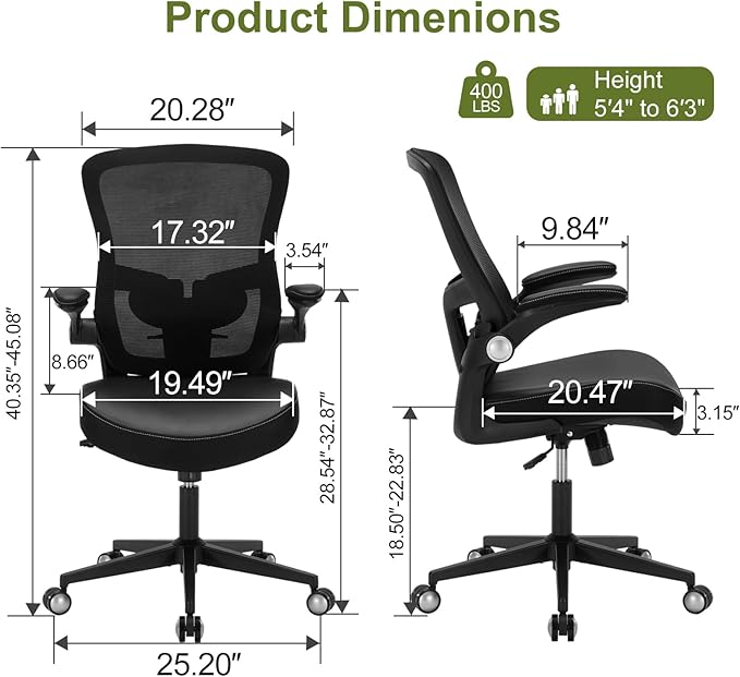 Ergonomic PU Leather Office Chair, 400lbs Weight Capacity, Breathable Mesh Back, Adjustable Height & Flip-Up Arms, Heavy Duty Computer Desk Chair for Home & Office, Black