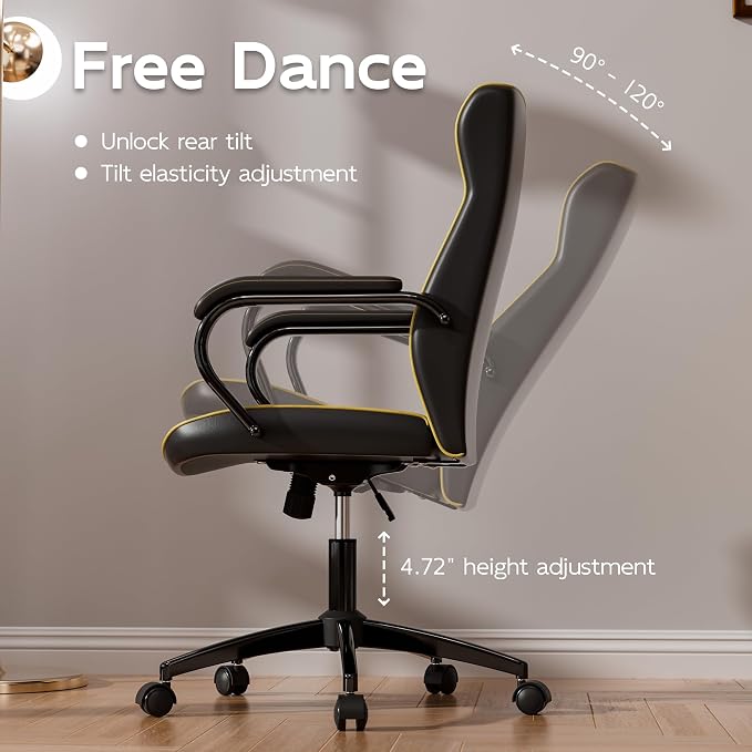HomeZeer Black Office Chair, Luxury Leather Executive Desk Chair | Elegant Timeless Appeal, Vintage Mid Back Styling with Wheels and Padded Arms, Thick High Density Foam Comfort