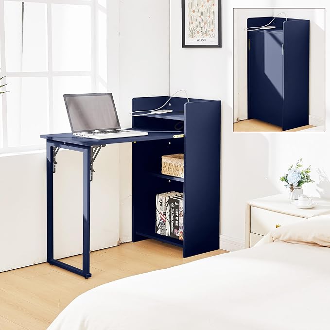 Fold Out Desk with Storage and Built-in Outlet,Foldable Desk for Small Spaces, Hidden Folding Table for Home Office or Bedroom