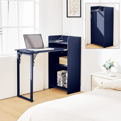 Fold Out Desk with Storage and Built-in Outlet,Foldable Desk for Small Spaces, Hidden Folding Table for Home Office or Bedroom