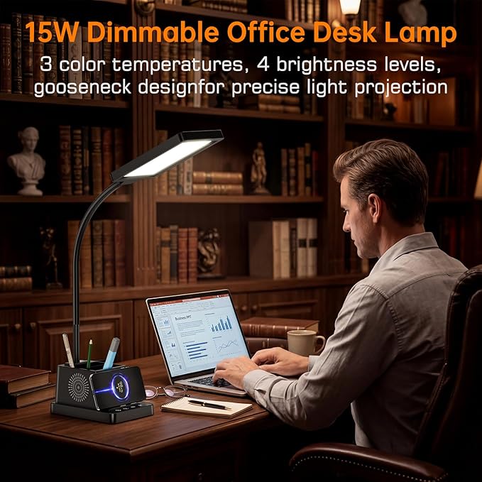 cozoo LED Desk Lamp for Home Office, Desk Light with 15W Wireless Charger Pen Holder, 12 Lighting Modes Desk Lamp for Bedroom, Small Table Lamp for College Dorm, Study, Craft, Nail, Black