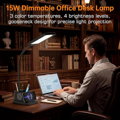 cozoo LED Desk Lamp for Home Office, Desk Light with 15W Wireless Charger Pen Holder, 12 Lighting Modes Desk Lamp for Bedroom, Small Table Lamp for College Dorm, Study, Craft, Nail, Black
